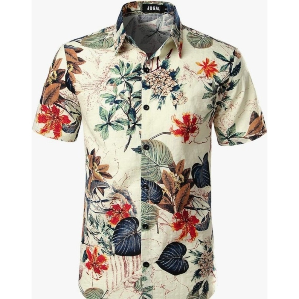 JOGAL Mens Tropical Floral Print Short Sleeve Button Down Shirt XXL‎ NWT